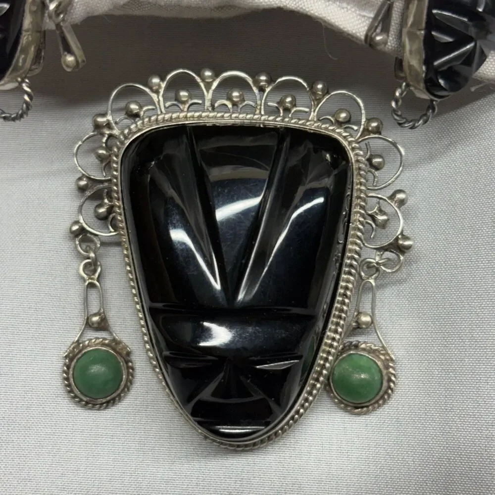 Vintage Mexico Sterling Silver Black Onyx Carved Mask Brooch and Earring Set MCM